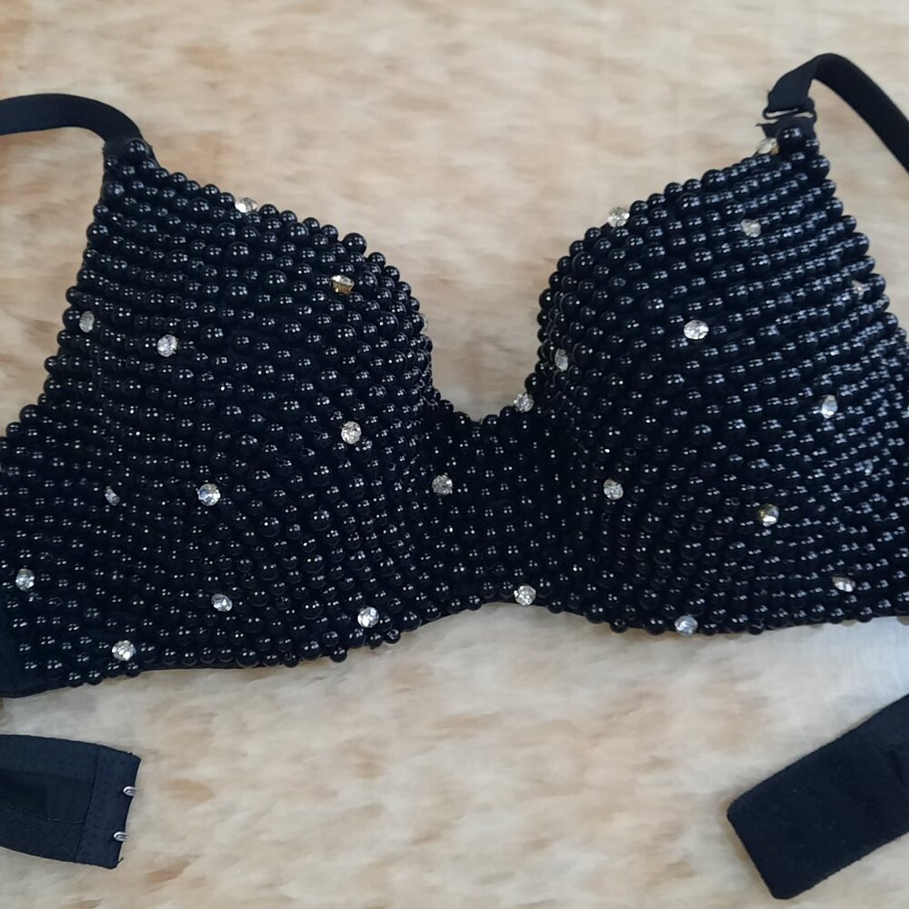 Black Pearl Type Push Up Bra With Rhinestones Small Corset Bustier Crop Top